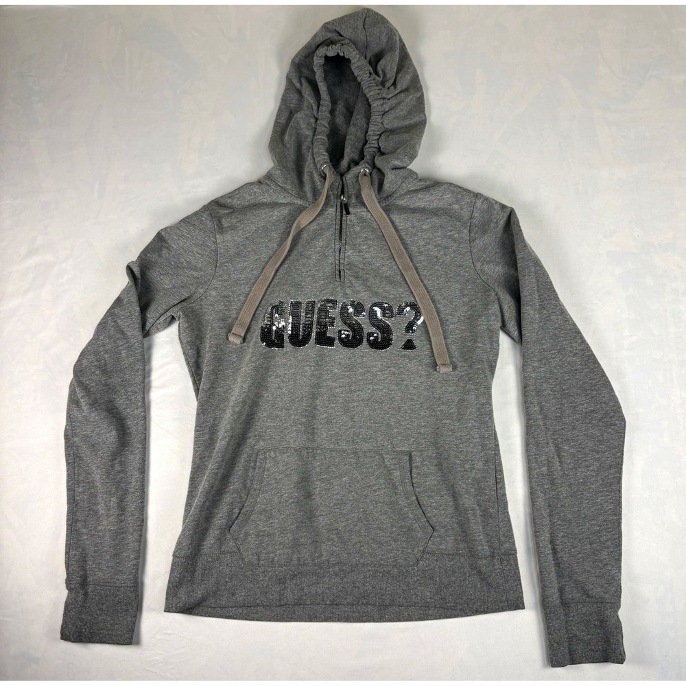 GUESS Girls Gray Logo Sequin Pullover Hooded Fleece Hoodie w/ Pockets L